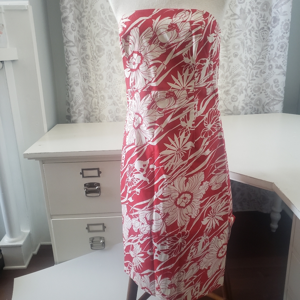 Express Strapless Midi Dress Hawaiian Tropical Flowers 9 / 10 Red Cream
